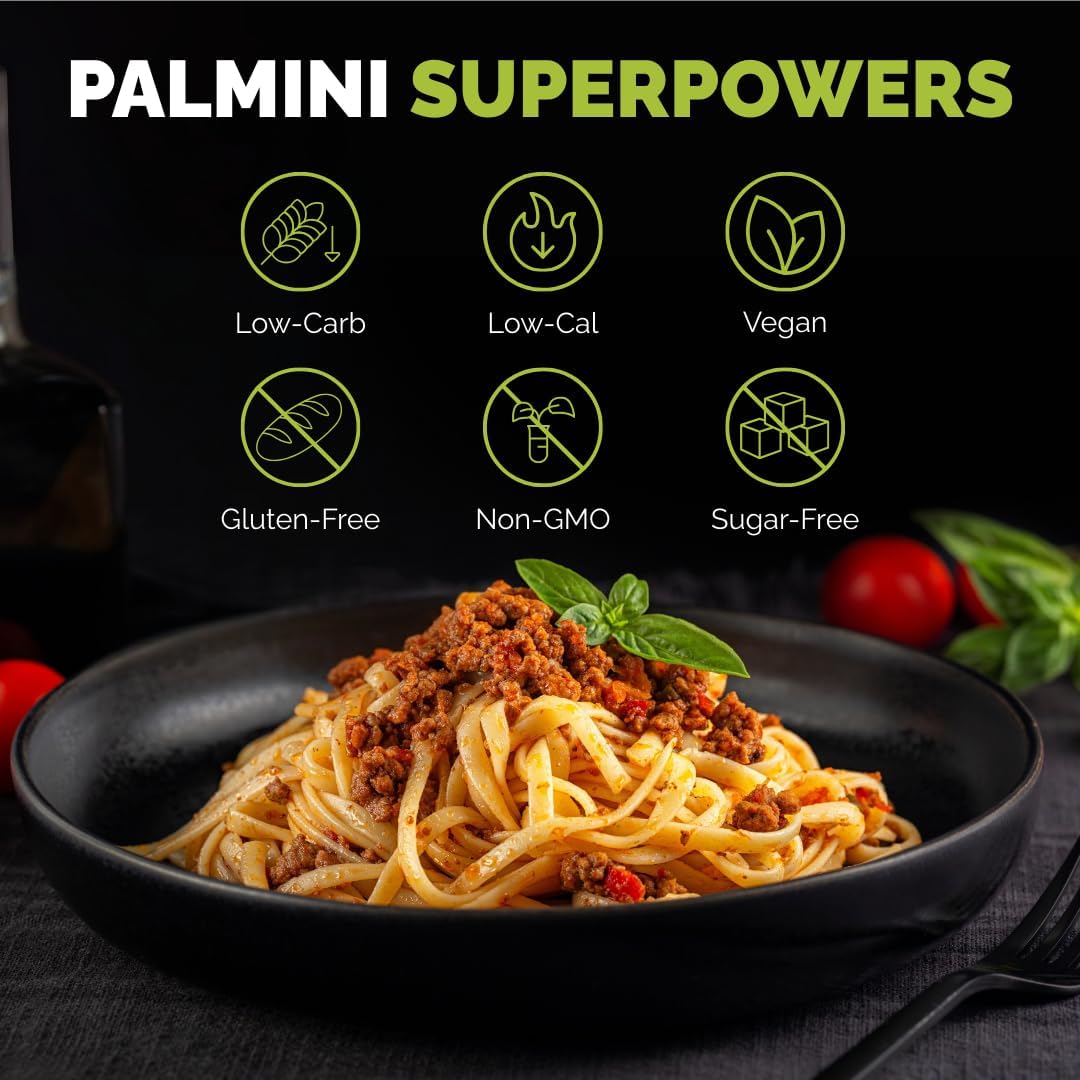 Palmini Hearts of Palm linguine in a black bowl with meat sauce and basil beside low-carb and vegan icons