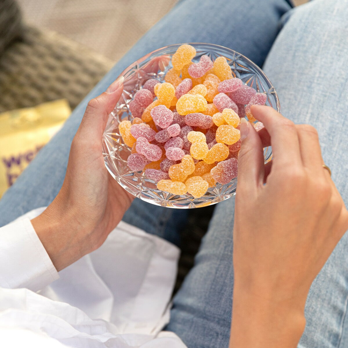 Bowl of Wellibites sugar-free sour gummies showing the gummy shapes and colours
