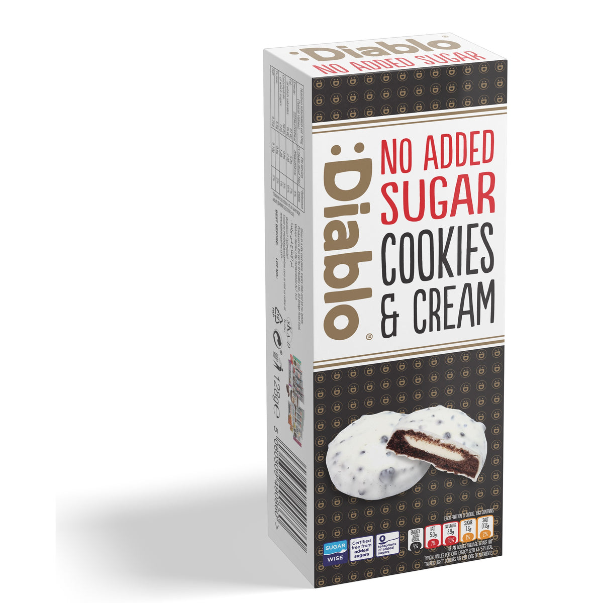 Diablo No Added Sugar White Chocolate Coated Cookies and Cream, 128g pack, front of box