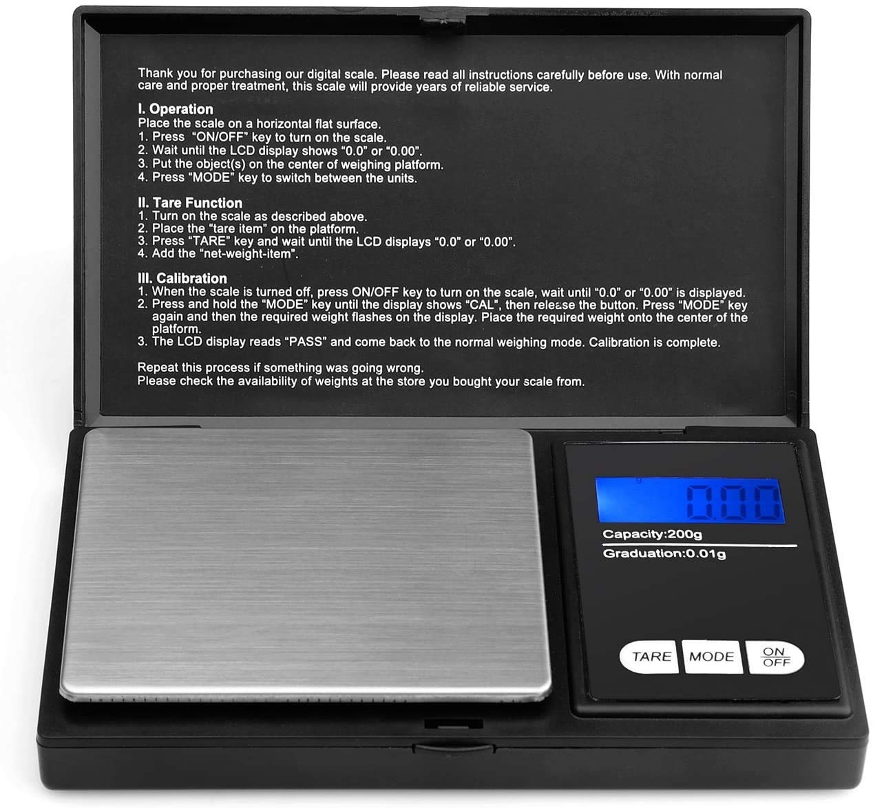Digital pocket scale weighing to 200g in 0.01g increments with backlit LCD display
