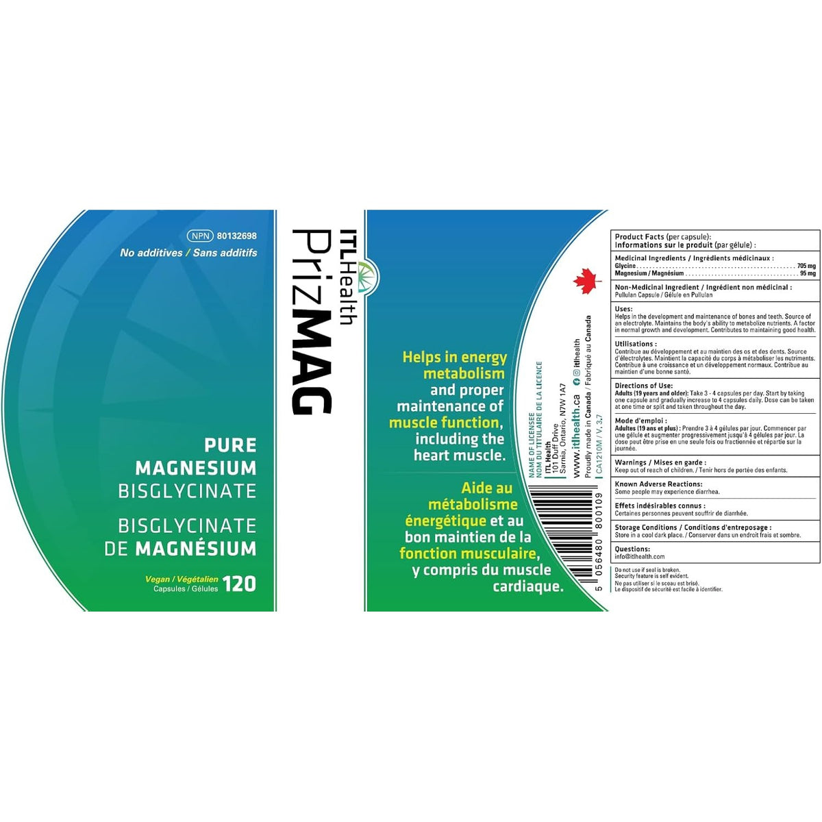 ITL Health PrizMAG Magnesium Bisglycinate (120 caps), retail bottle