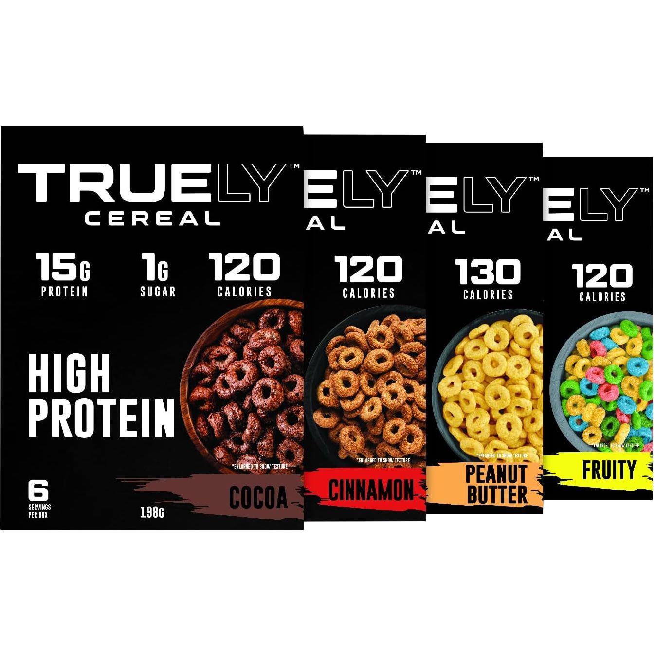 TRUELY Protein Cereal (6 servings) Peanut Butter,Cocoa,Fruity,Cinnamon TRUELY