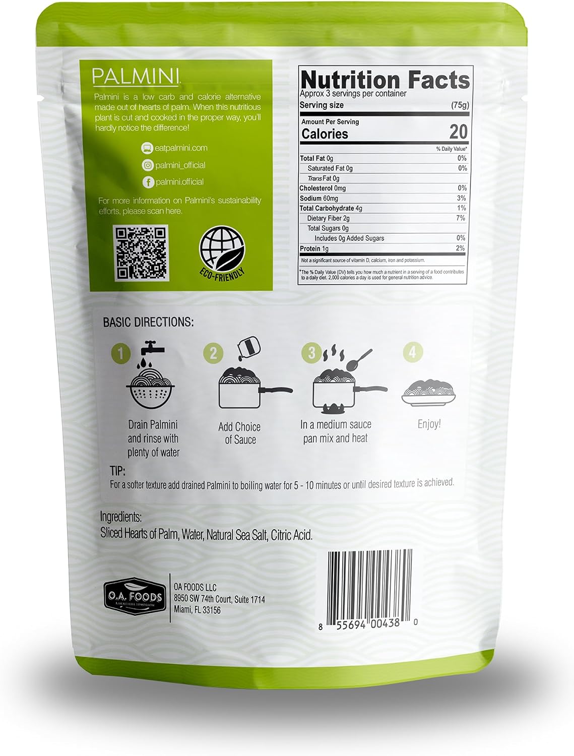 Palmini Hearts of Palm Linguine pouch back with Nutrition Facts panel, rinse-and-heat steps and ingredients