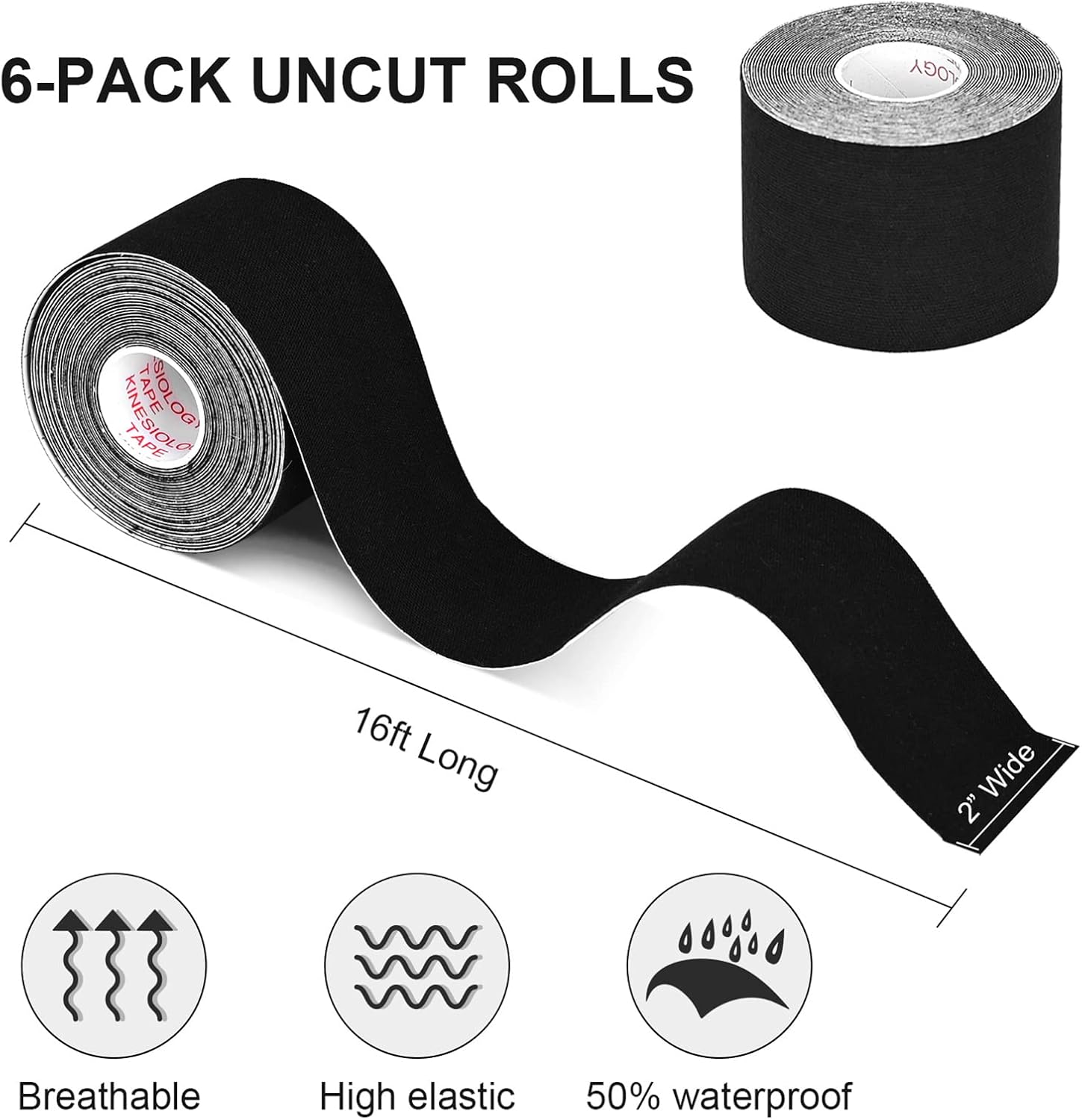 Kinesiology Tape (K-Tape) – Latex-Free, Water-Resistant Muscle Support – Black (1 Roll)
