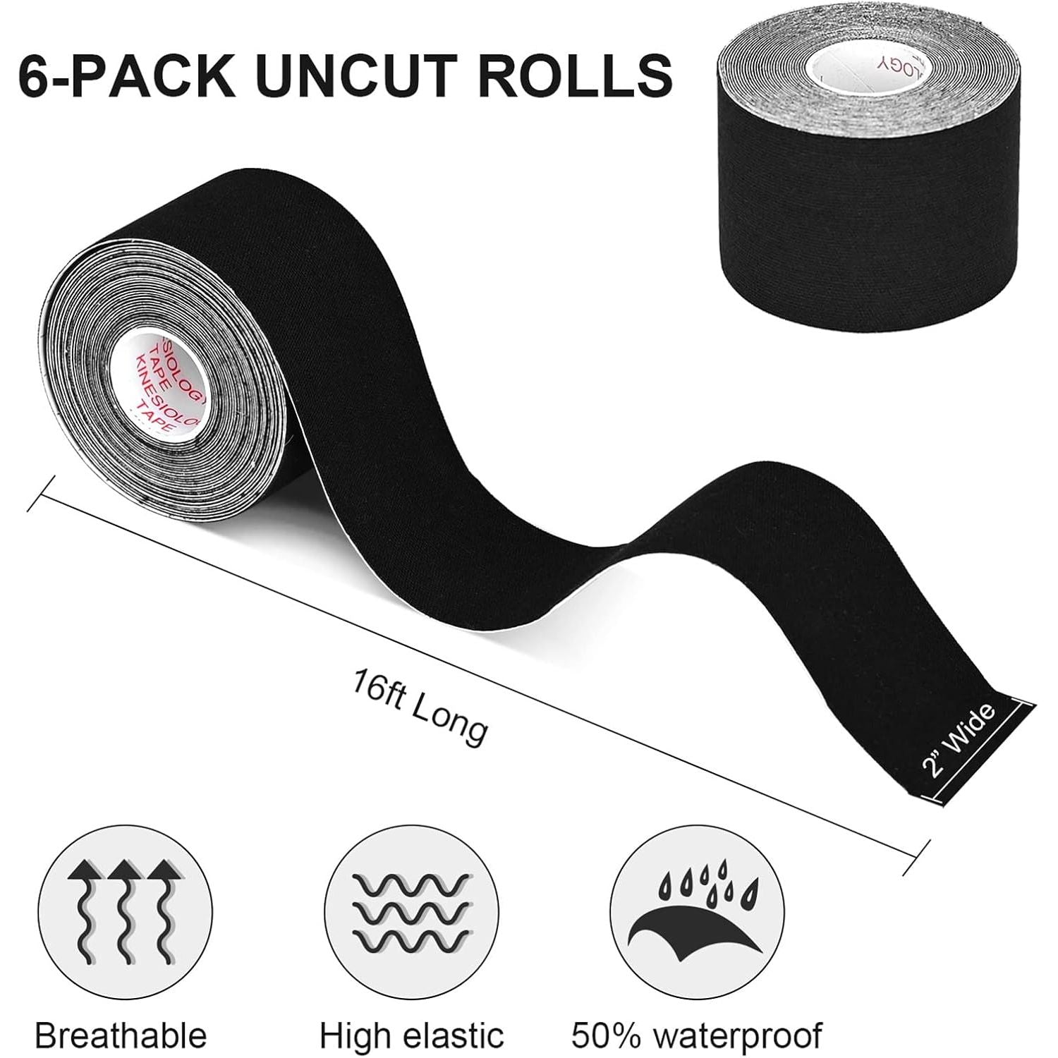 Kinesiology Tape (K-Tape) — black roll specs infographic, 16ft long, 2 inch wide, breathable and water-resistant