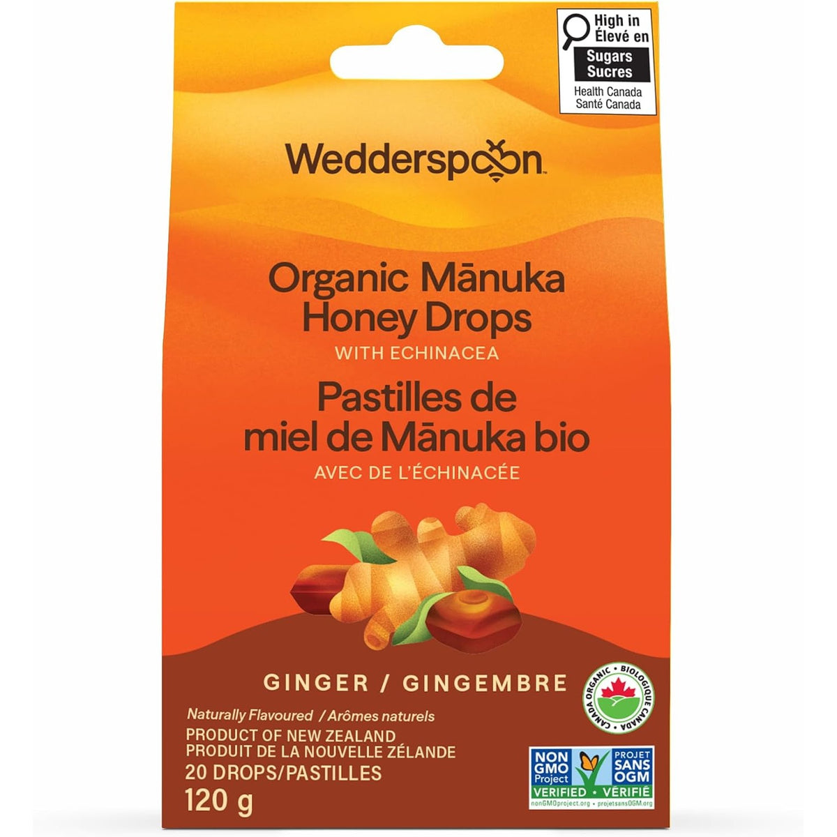 Wedderspoon organic Manuka honey ginger throat drops, immune support, 20 individually wrapped lozenges