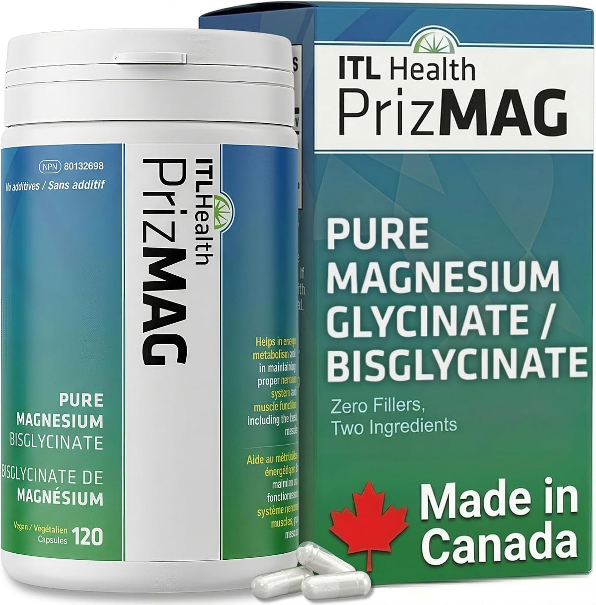 ITL Health PrizMAG magnesium bisglycinate capsules — gentle chelated magnesium, 120 ct