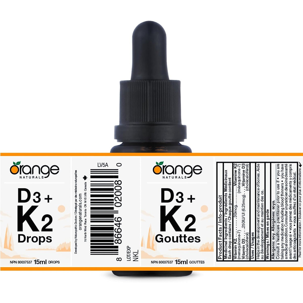 Orange Naturals D3+K2 Drops 250IU/30mcg (15ml), retail bottle