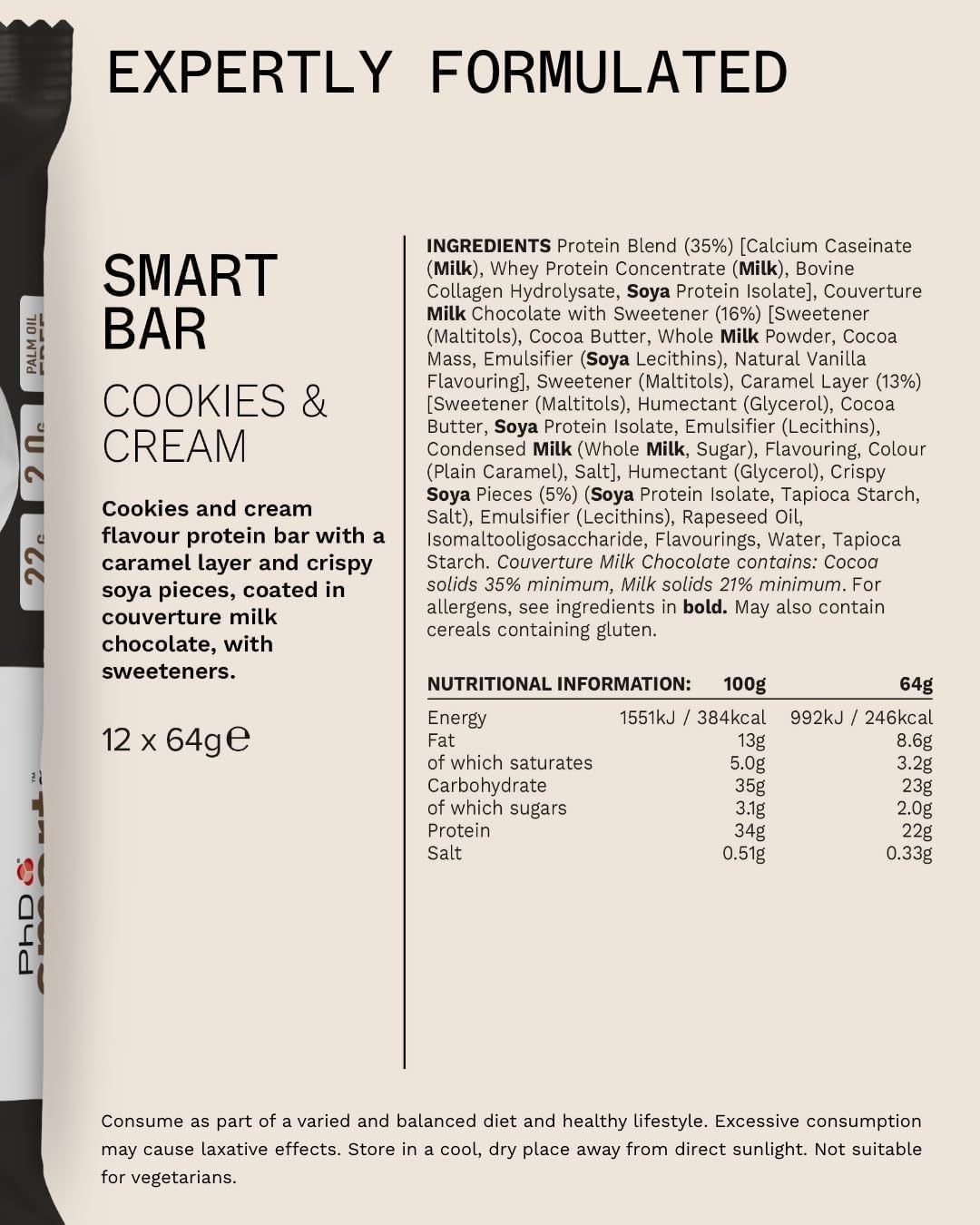 PhD Smart Cookies and Cream protein bar Nutrition Facts and ingredients panel, 12 x 64g