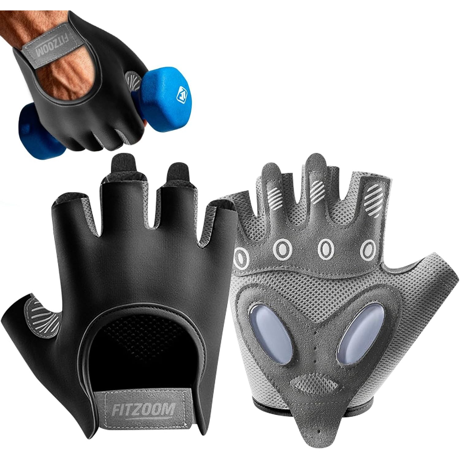 FITZOOM fingerless workout gloves front and back — padded palm, breathable mesh, wrist strap