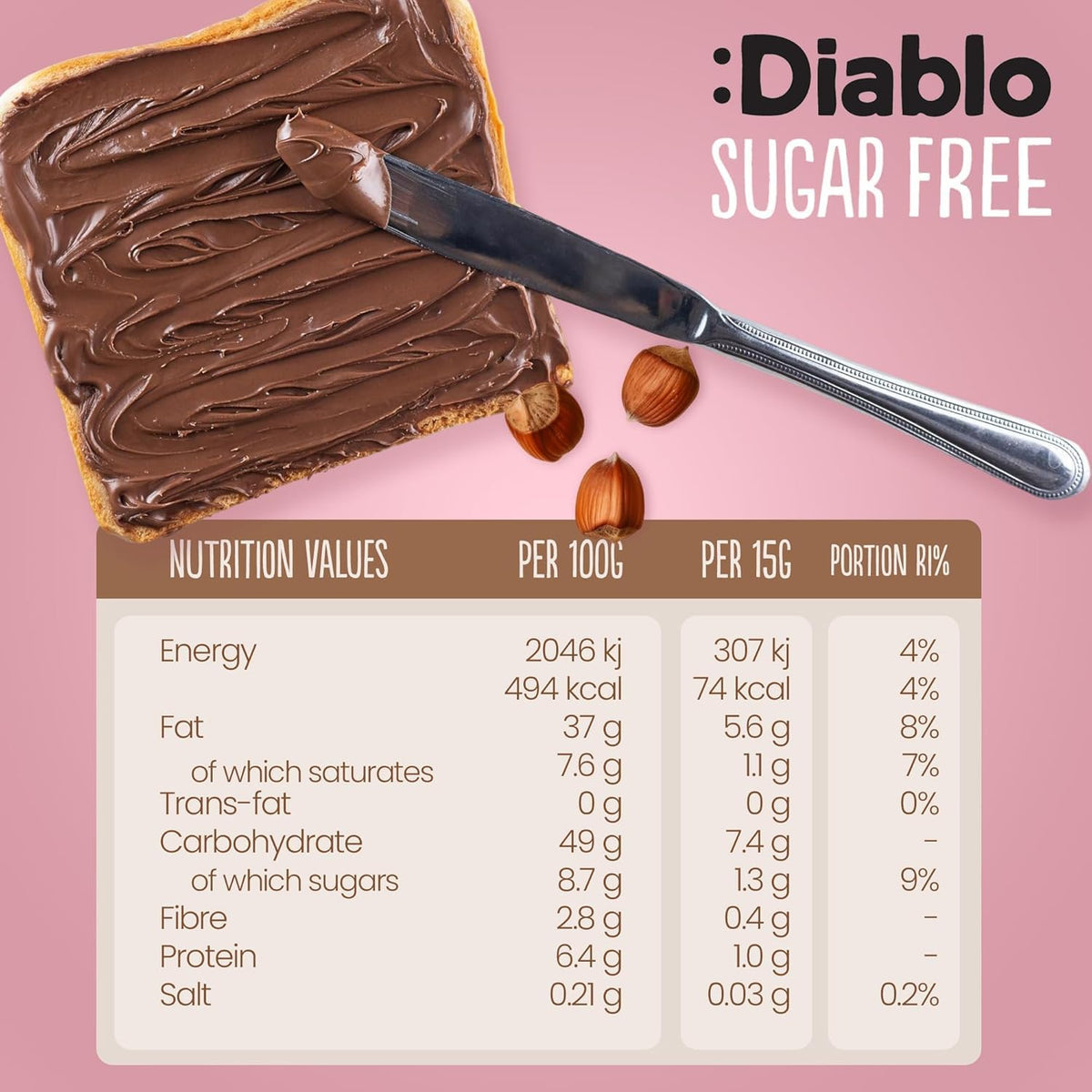 Diablo Sugar Free Hazelnut & Chocolate Spread (1 jar)
