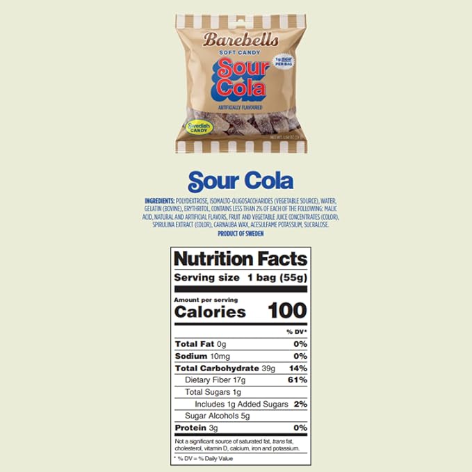 Barebells Soft Candy Sour Cola Nutrition Facts panel and ingredients list for the 55g bag