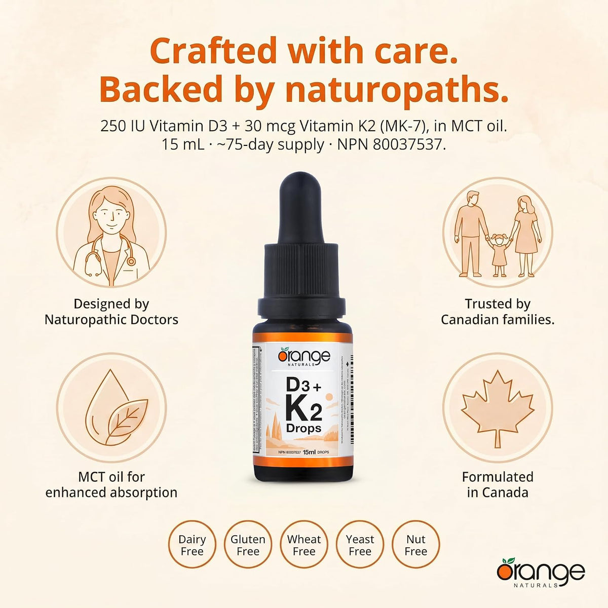 Orange Naturals D3+K2 Drops 250IU/30mcg (15ml)
