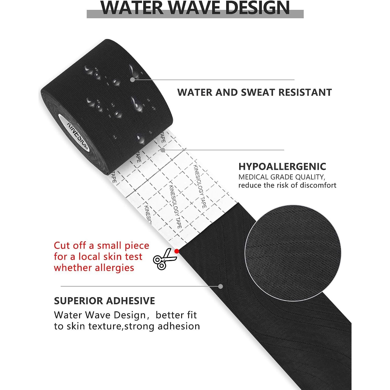 Kinesiology Tape (K-Tape) — water-wave adhesive design with water-resistant, hypoallergenic medical-grade features