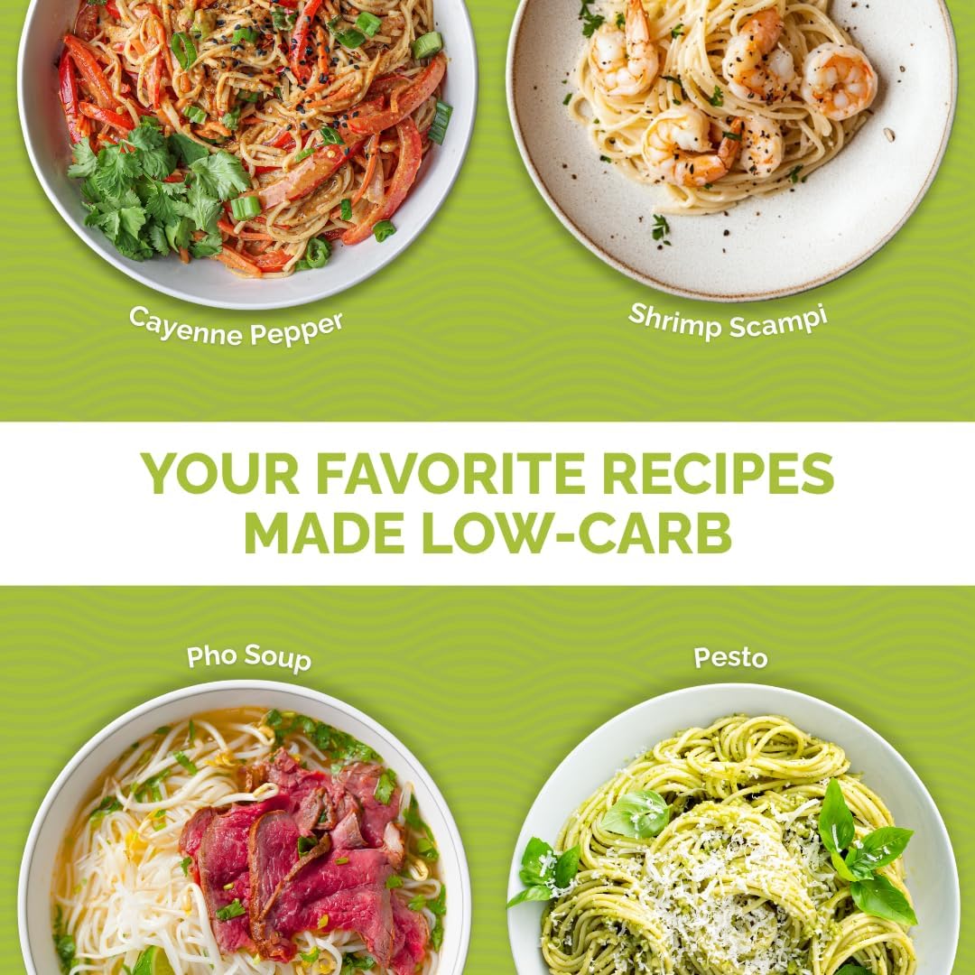 Four low-carb Palmini pasta recipes: cayenne pepper, shrimp scampi, pho soup and pesto in white bowls