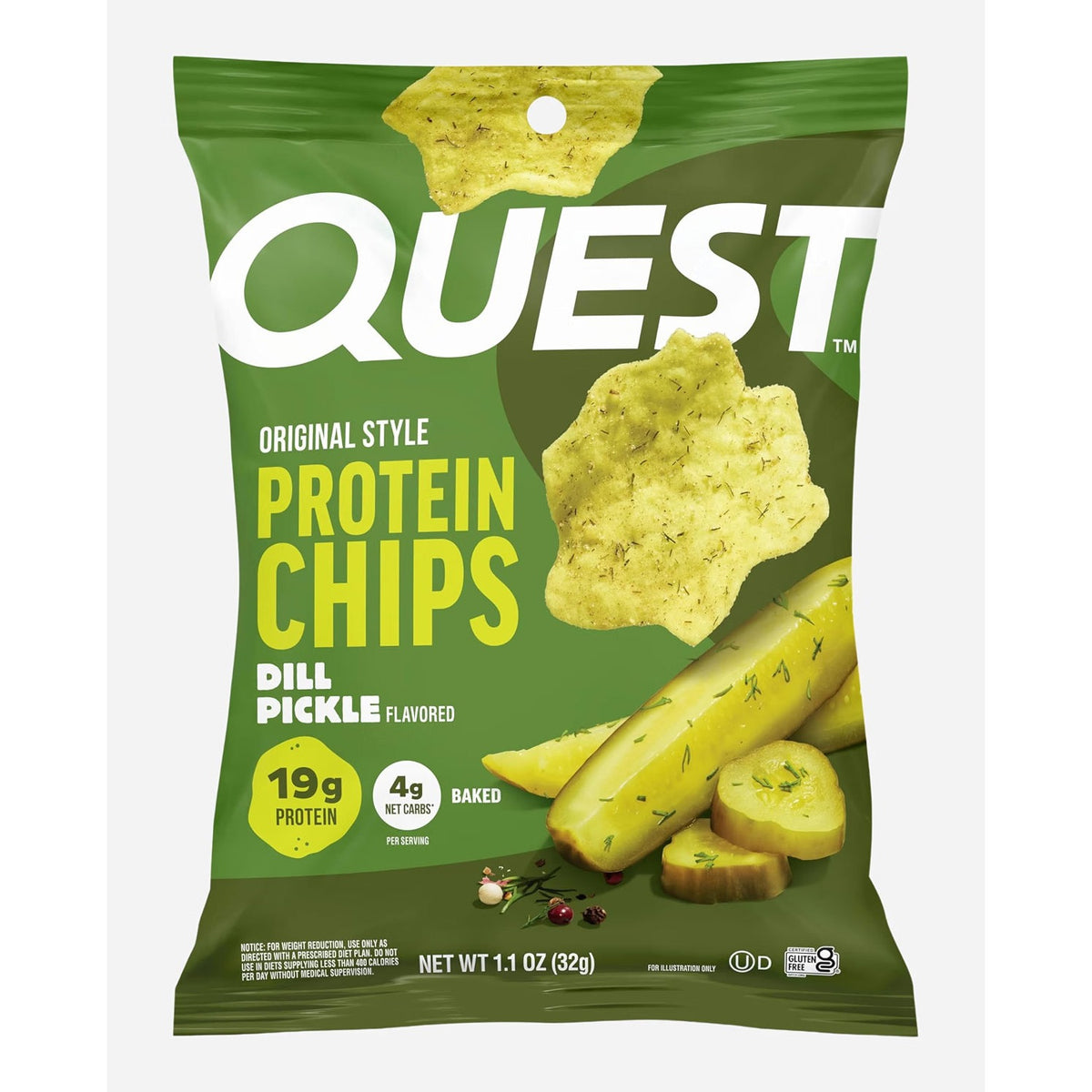 Quest Protein Chips Dill Pickle front of green bag, Original Style, 19g protein, baked snack
