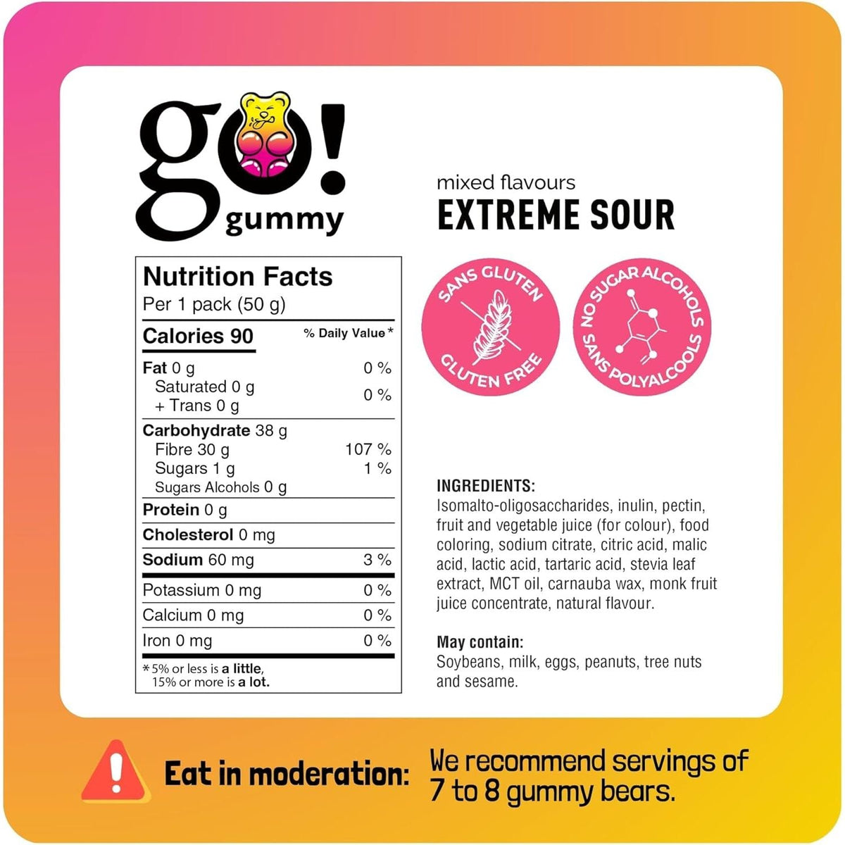 Go Nutrition Go Gummies (Box of 12) — Extreme Sour Nutrition Facts panel, per 50g bag