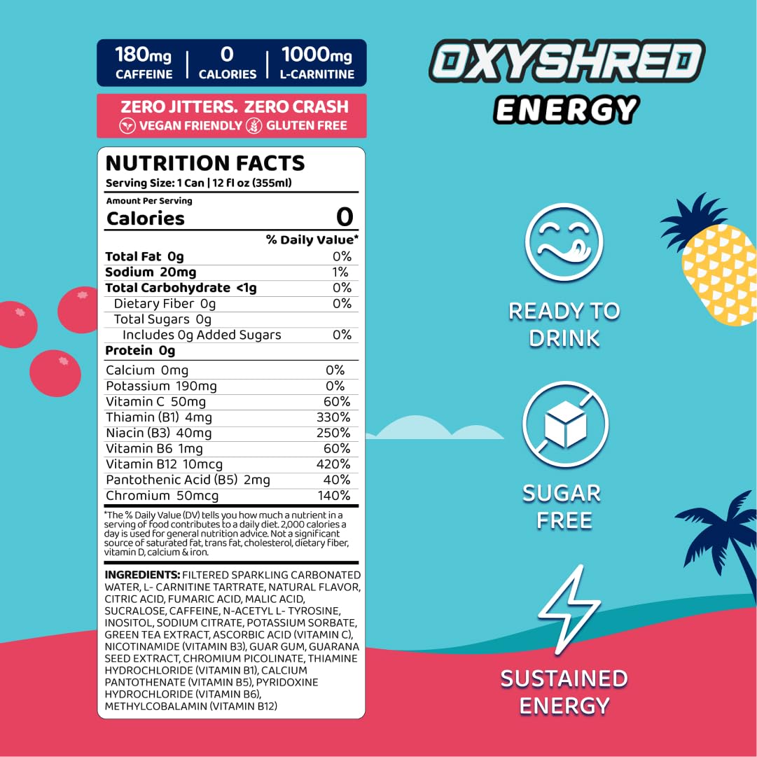 EHP Labs OxyShred Energy Drink Bahama Breeze — Nutrition Facts label, 355ml can, 180mg caffeine