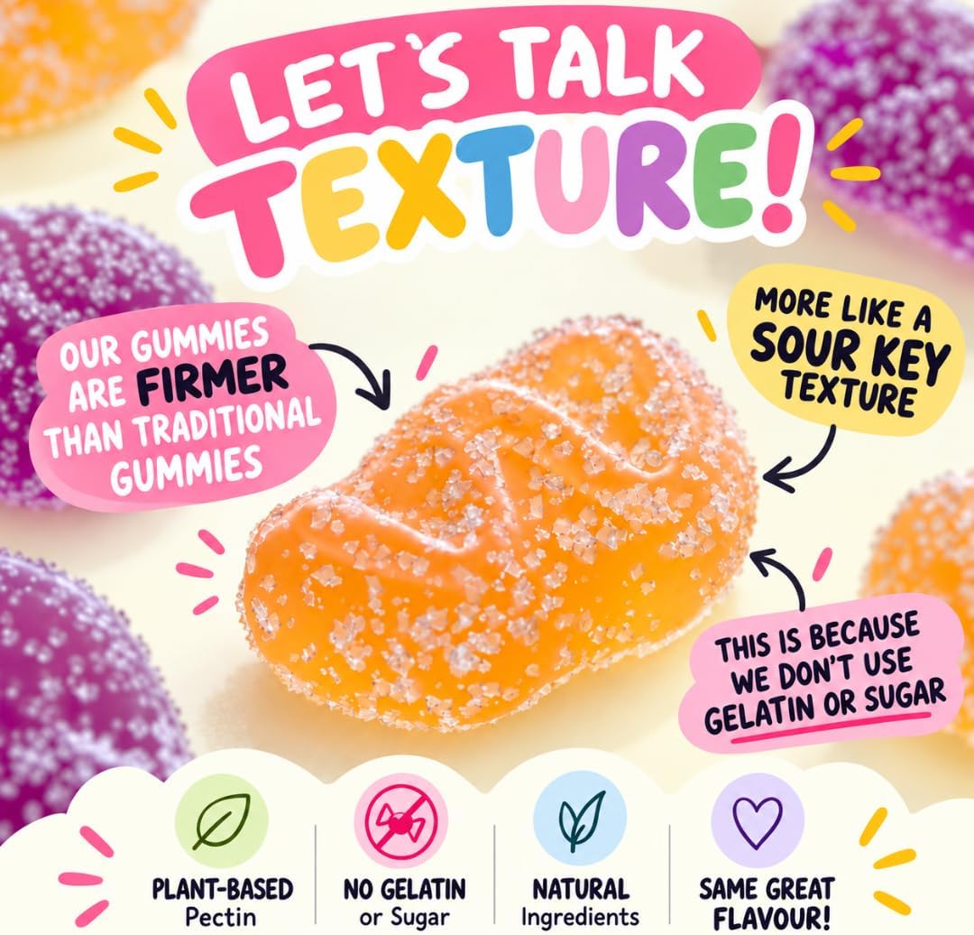 Wellibites sour gummy texture – plant-based pectin, no gelatin, no sugar, natural ingredients