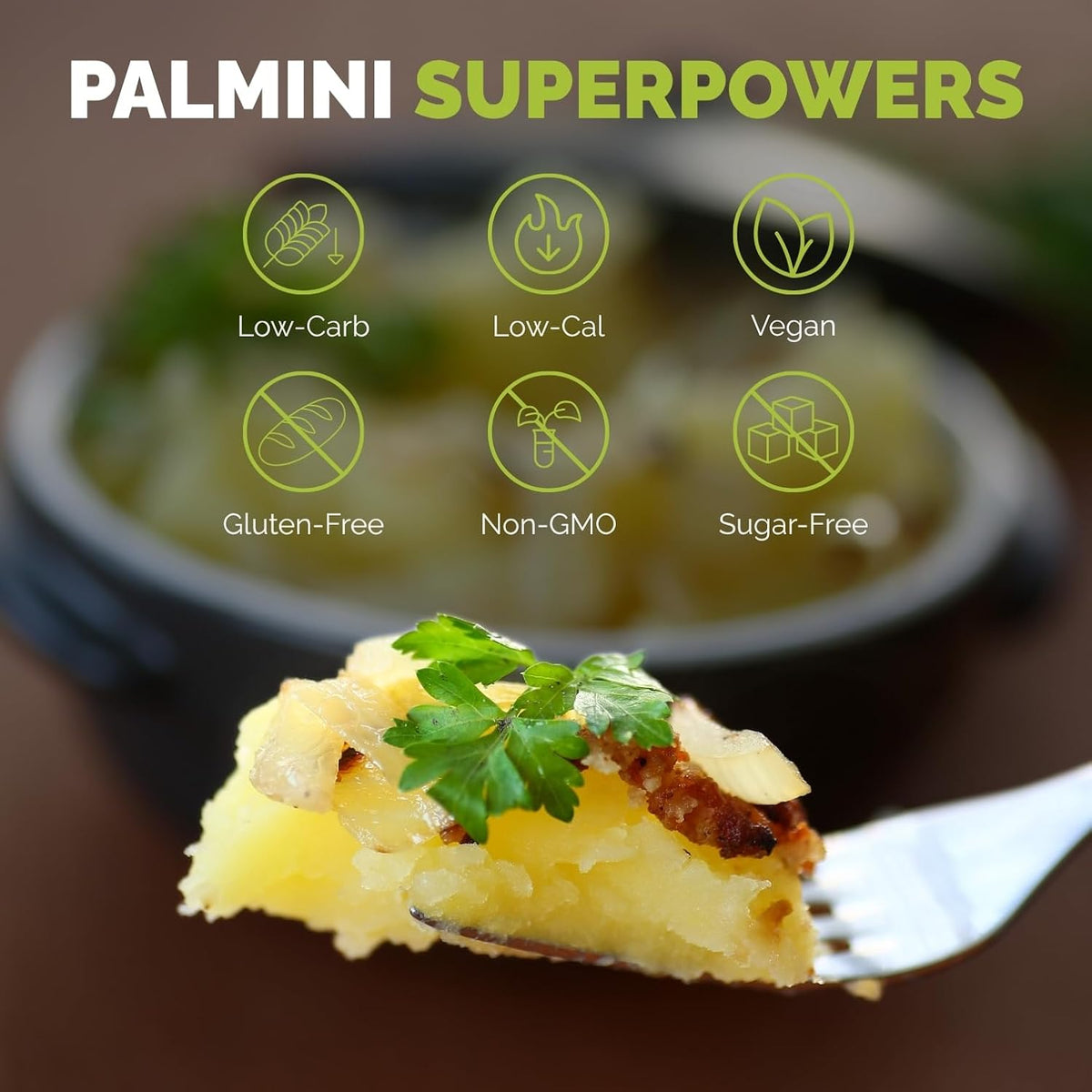Forkful of Palmini hearts of palm mash with low-carb, vegan, gluten-free and sugar-free superpower icons