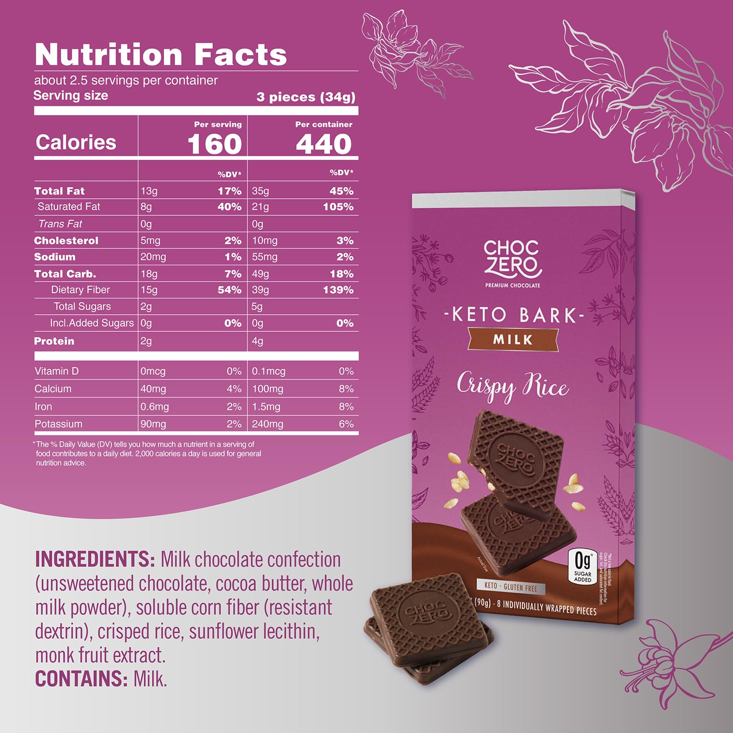 ChocZero Sugar Free Keto Bark (1 bar of 8 pieces)