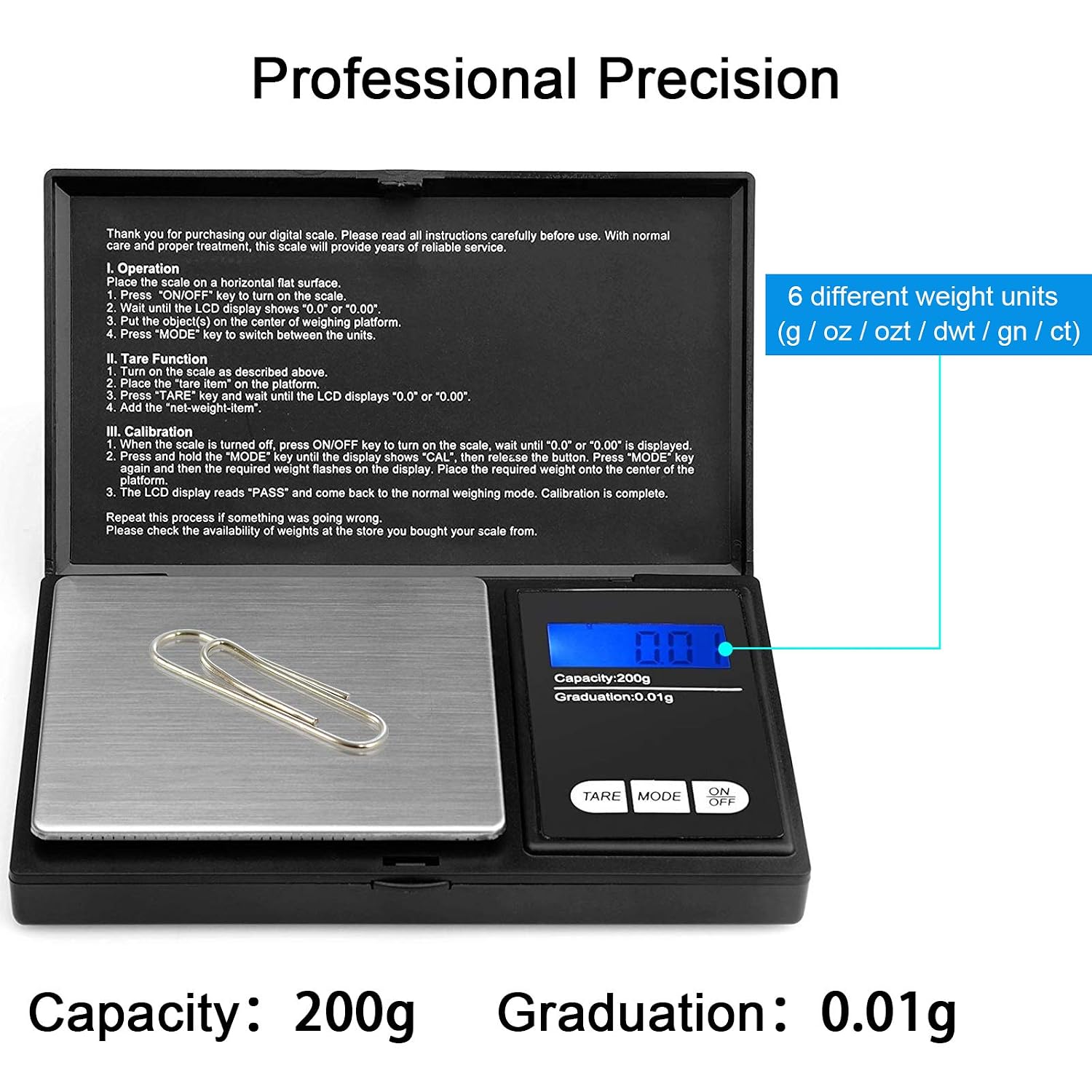 Mini pocket scale with stainless steel platform and protective flip lid open