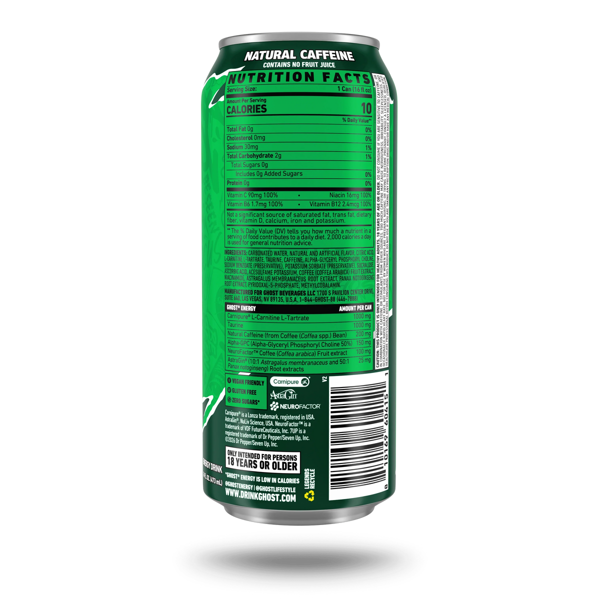 GHOST Energy USA 7UP Lemon Lime — Nutrition Facts label, 16 fl oz can, 200mg natural caffeine