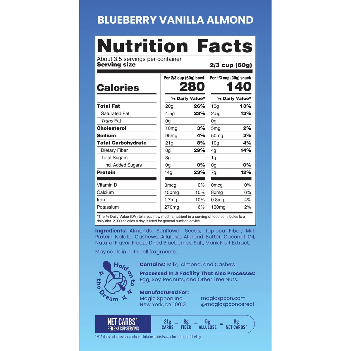 Magic Spoon Blueberry Vanilla Protein Granola Nutrition Facts — 13g protein, 8g fiber, 2g sugar