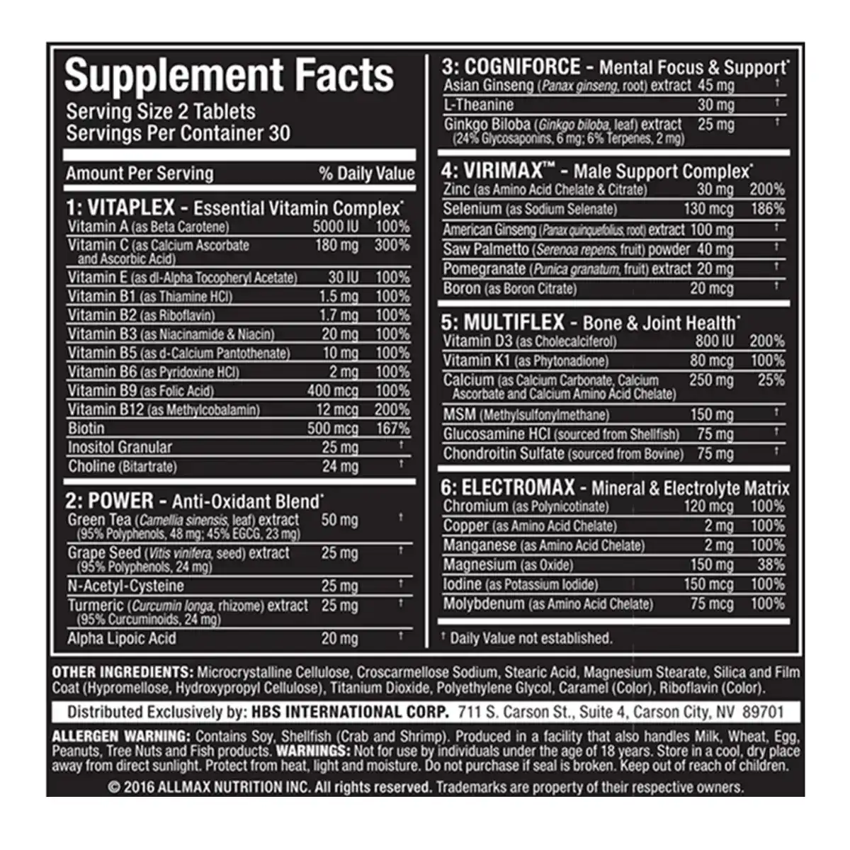 Allmax Vitaform Complete Men's 60 tabs — Full Supplement Facts panel showing 6 functional blends: VITAPLEX (essential
