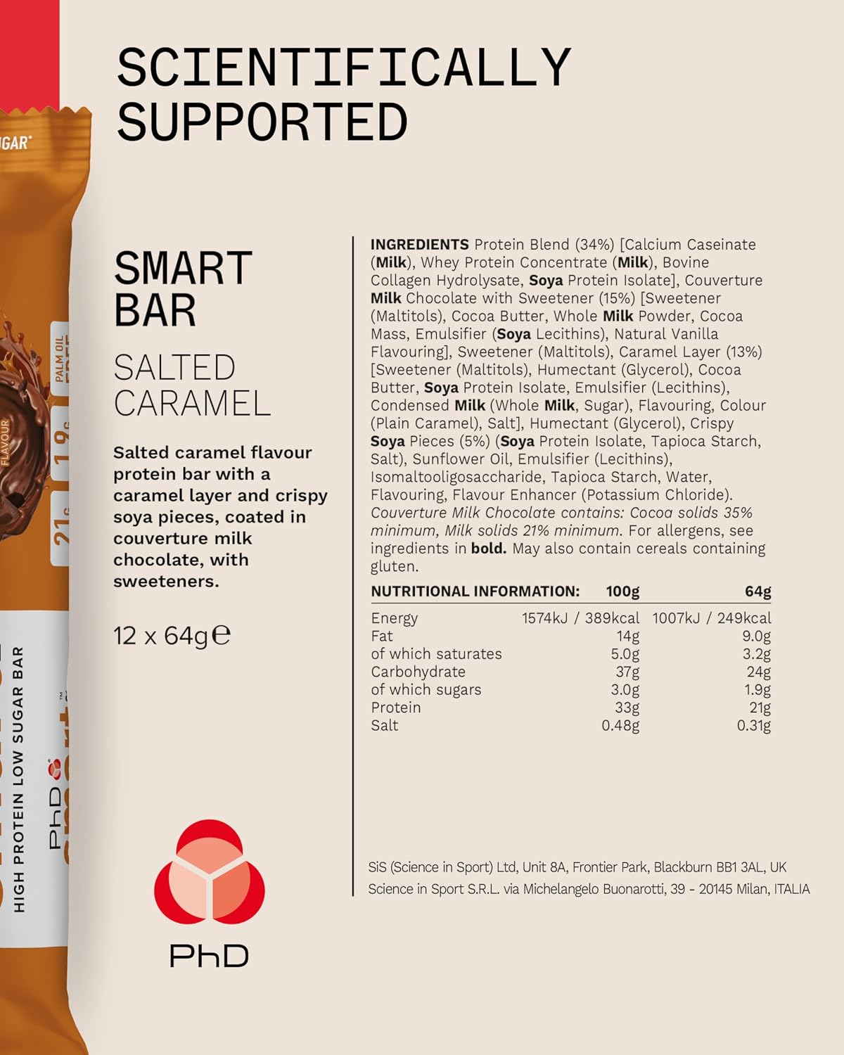 PhD Smart Salted Caramel protein bar Nutrition Facts and ingredients panel, 12 x 64g