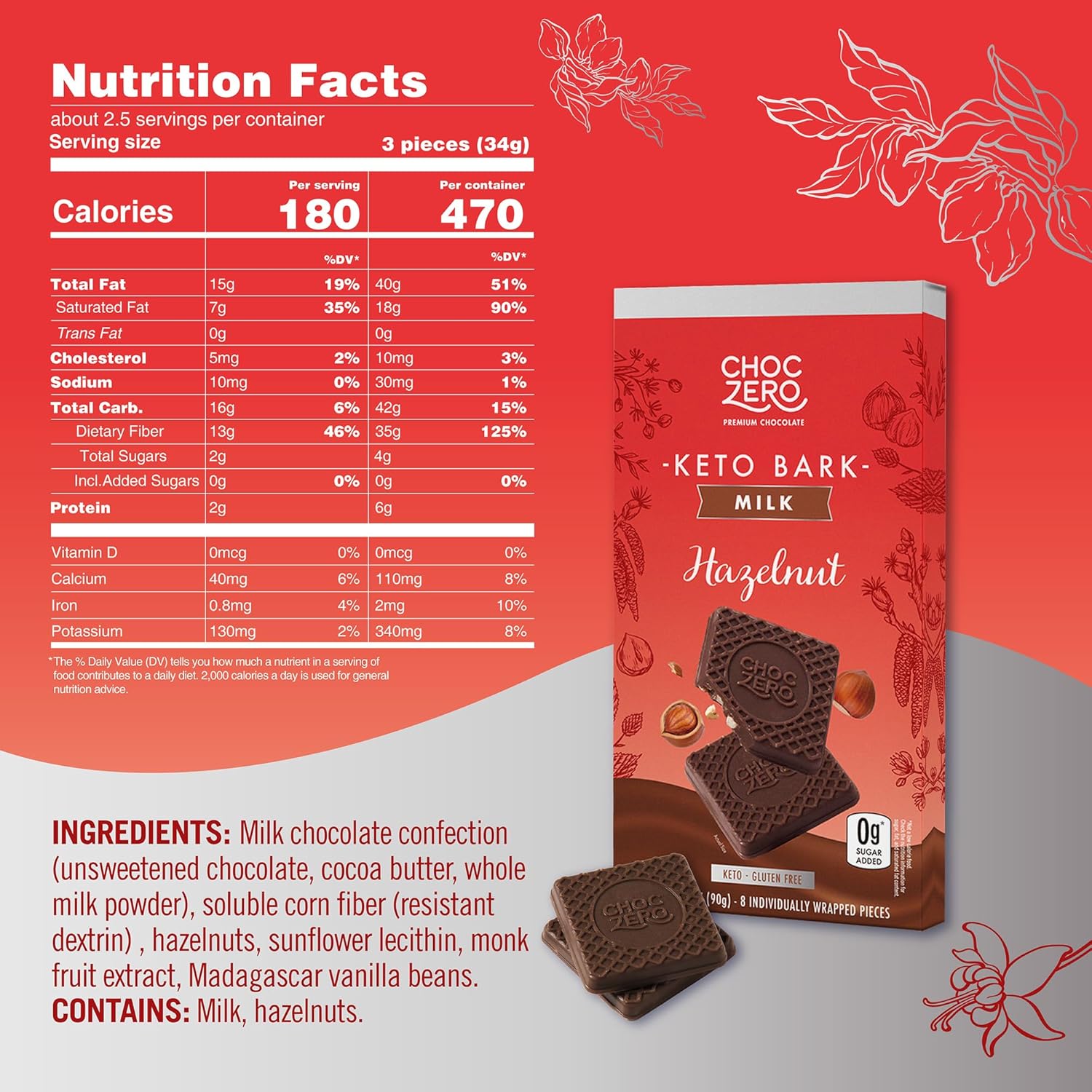 ChocZero Sugar Free Keto Bark (1 bar of 8 pieces)