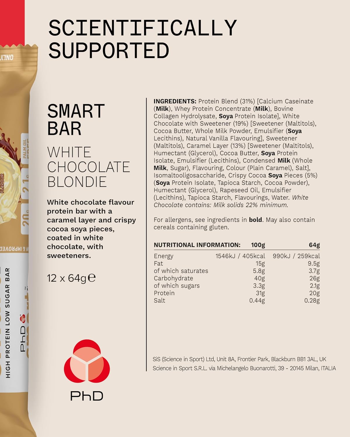 PhD Smart White Chocolate Blondie protein bar Nutrition Facts and ingredients panel, 12 x 64g