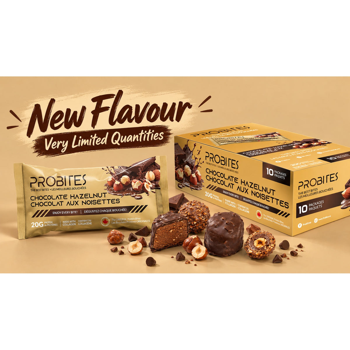 ProBites Chocolate Hazelnut Protein Balls (Box of 10) — wrappers beside the box of ten bites