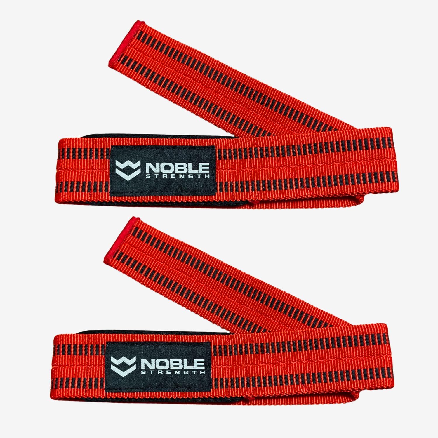 Noble Strength red lifting wrist straps with silicone grip lines and neoprene padded cuff