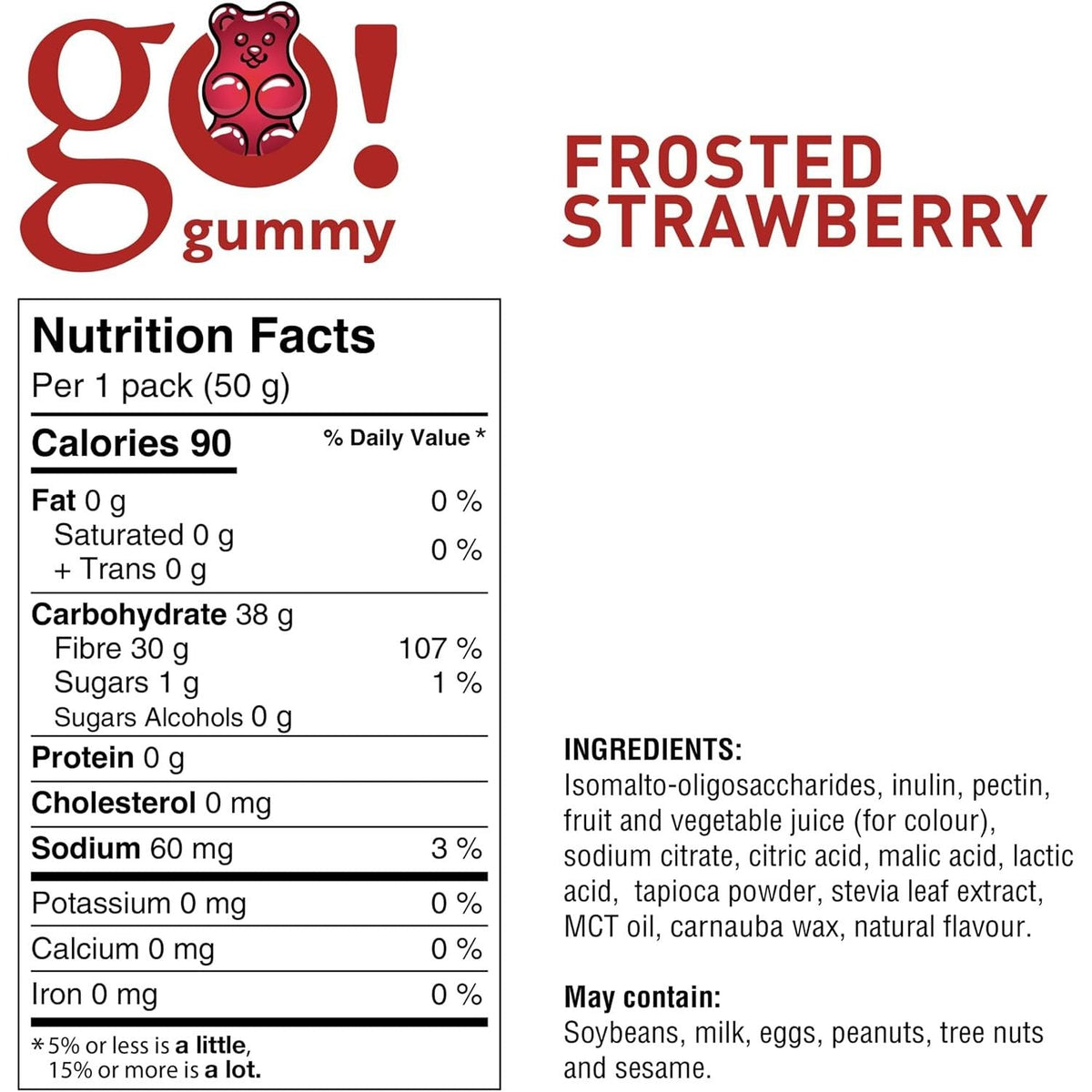 Go Nutrition Go Gummies (Box of 12) — Frosted Strawberry Nutrition Facts panel, per 50g bag