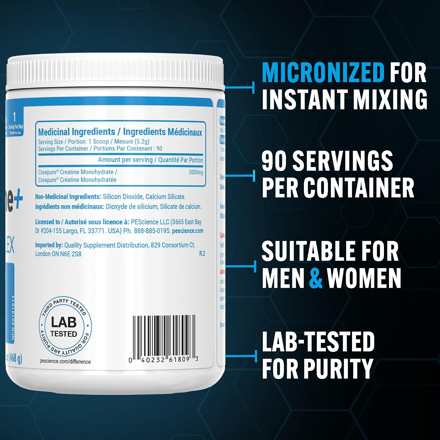 PEScience TruCreatine+ Creapure® Micronized Creatine Monohydrate Powder (90 Servings) — micronized creatine monohydrate powder (view 3)