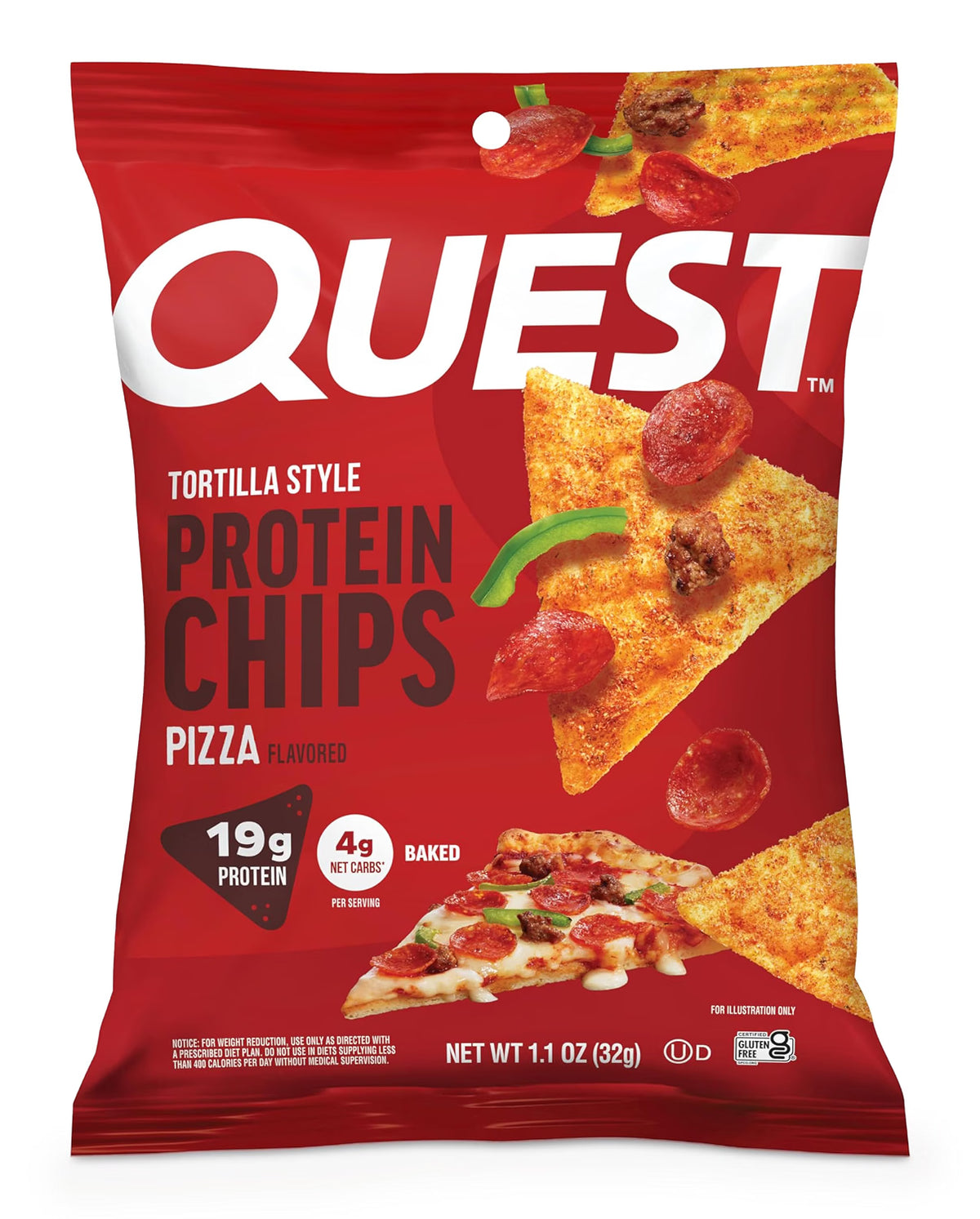 Quest Protein Chips Pizza front of red bag, tortilla style, 19g protein, 4g net carbs, baked