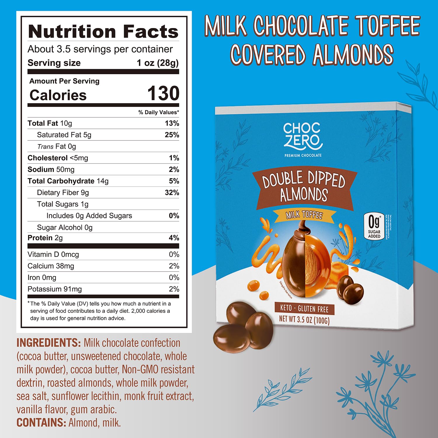 ChocZero Keto Milk Chocolate Covered TOFFEE Almonds (100g)