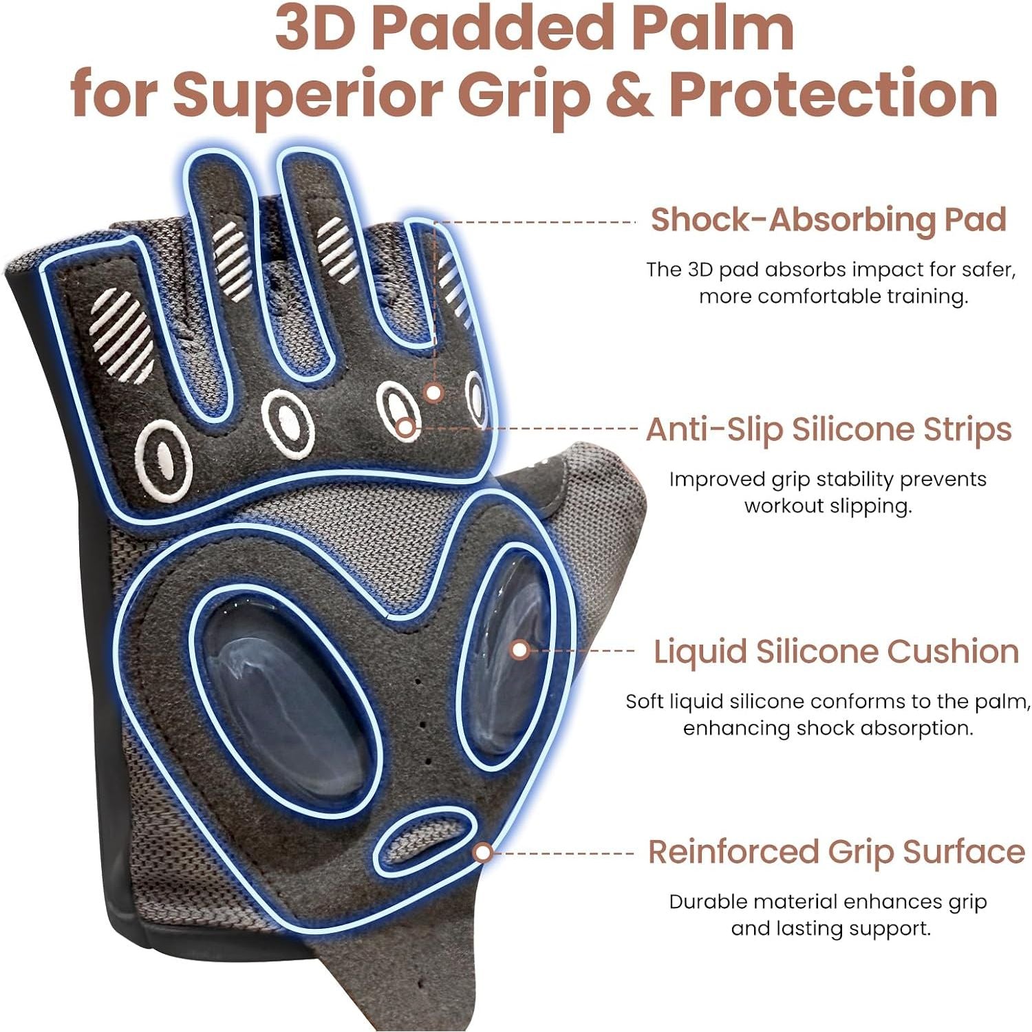 FITZOOM workout gloves 3D padded palm with anti-slip silicone strips and liquid silicone cushion