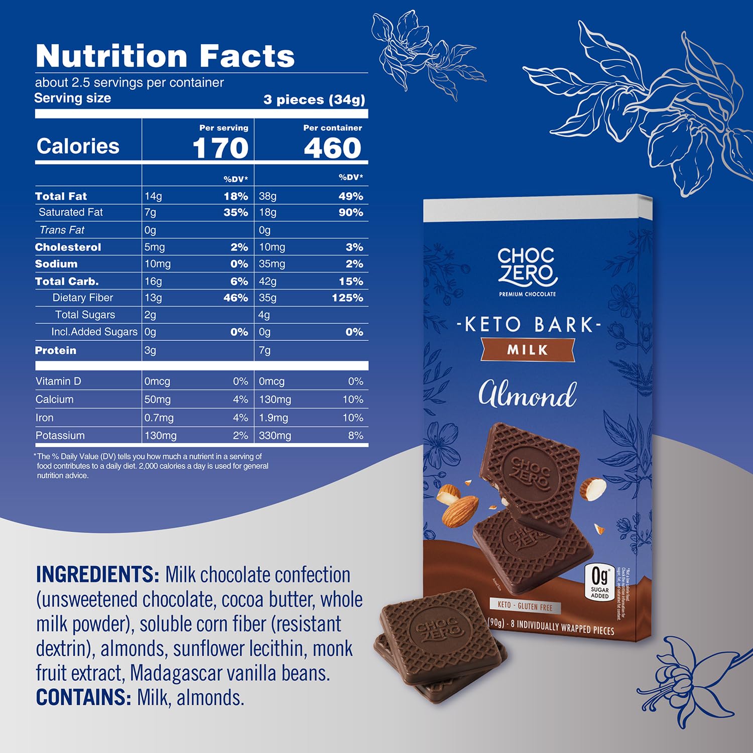 ChocZero Sugar Free Keto Bark (1 bar of 8 pieces)