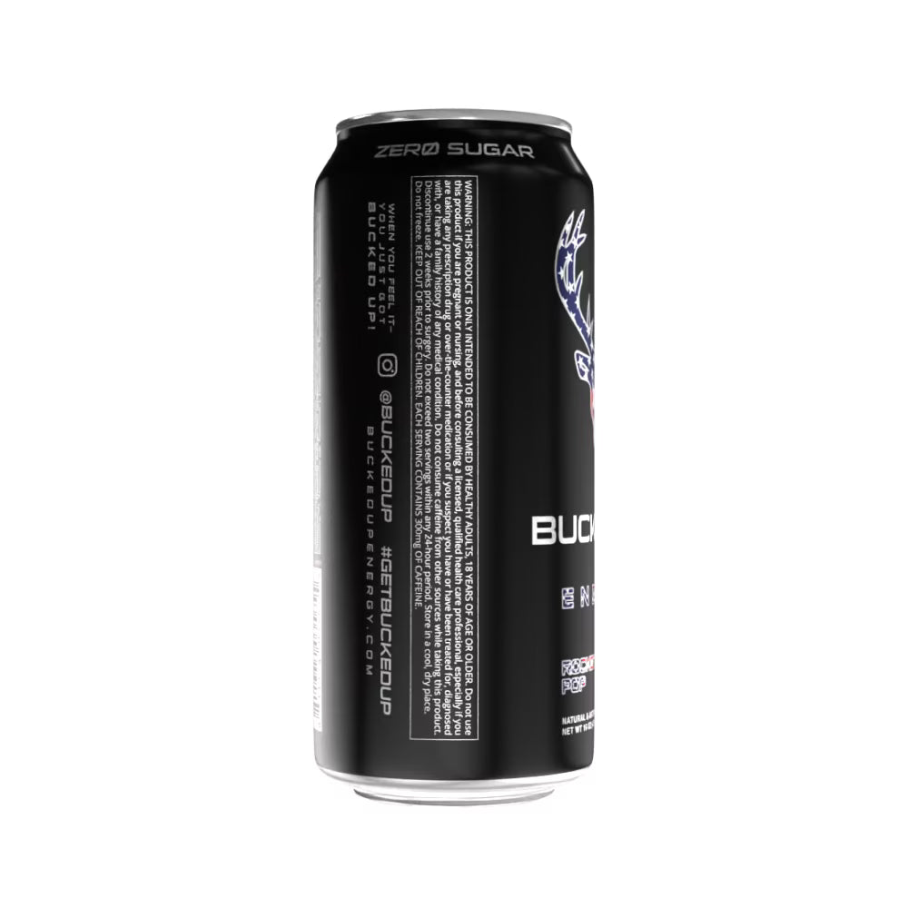 Bucked Up Energy Drink — back of can with usage warning and @buckedup social handles