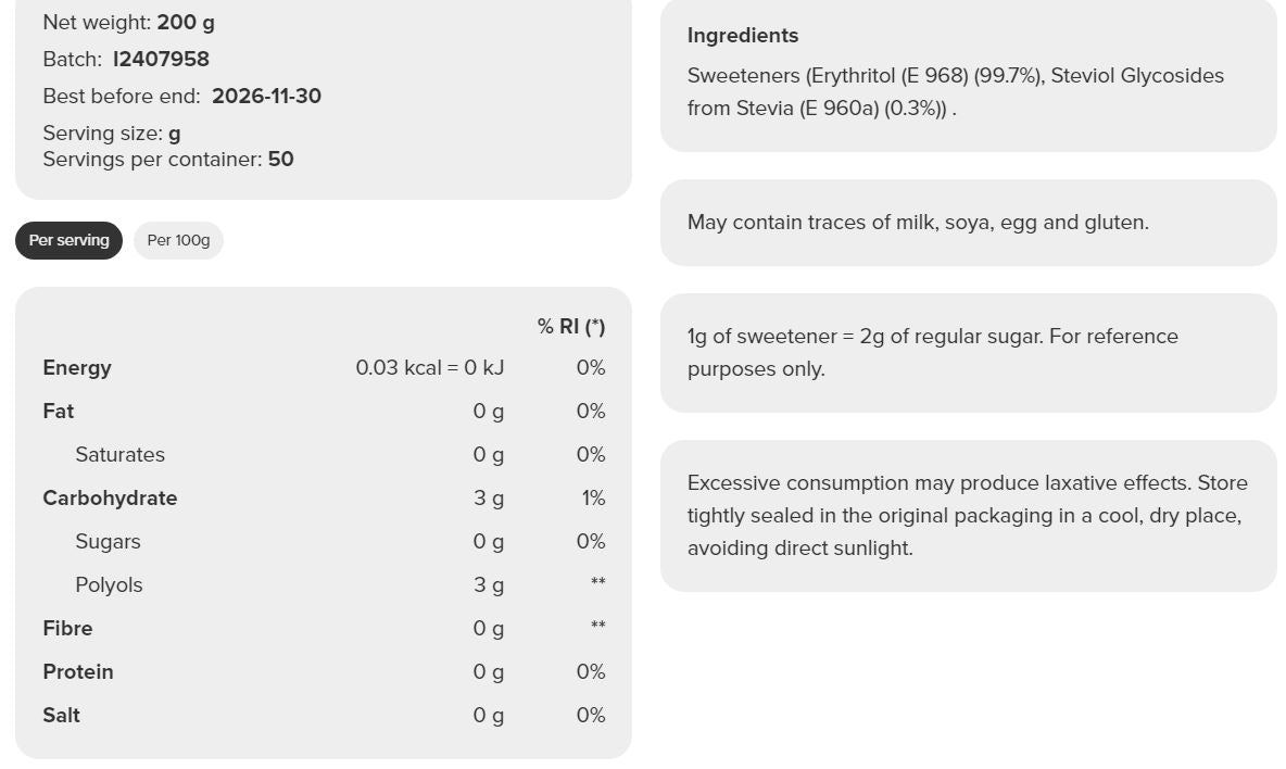 Prozis Erythritol and Stevia Sweetener (200g)