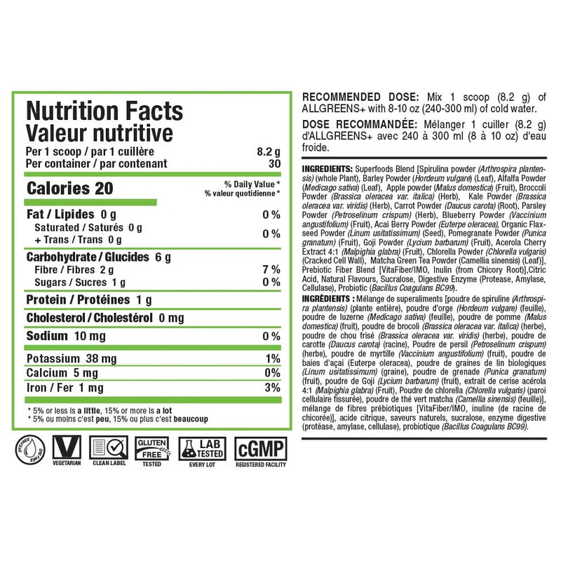 Allmax Allgreens+ Pineapple-Mango Nutrition Facts and full ingredient list
