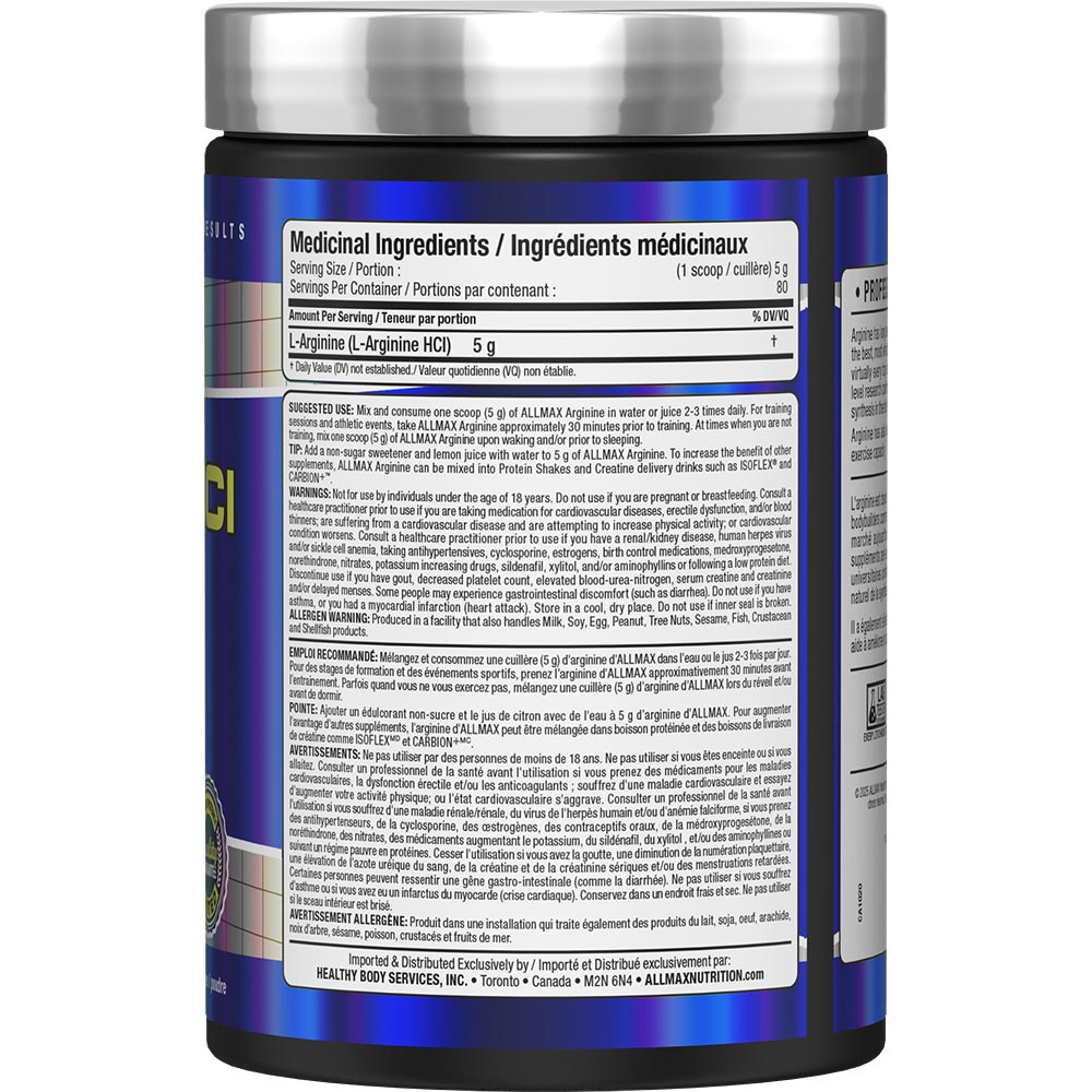 Allmax Arginine HCl 400g Supplement Facts panel — 5 g L-arginine HCl per scoop, 80 servings, EN/FR label