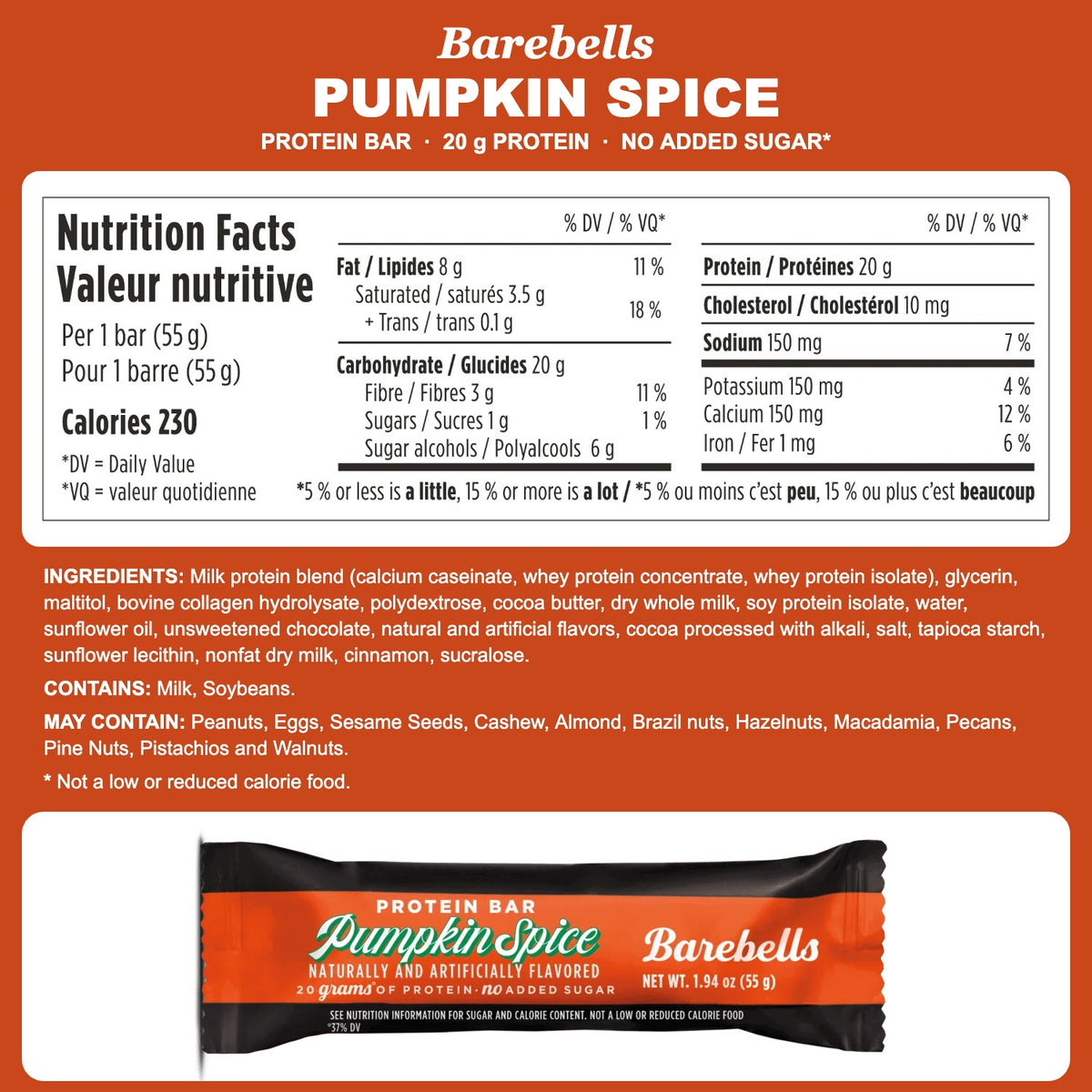 Barebells Pumpkin Spice Protein Bar Nutrition Facts and ingredient panel with wrapper — 230 calories, 20g protein, no added sugar