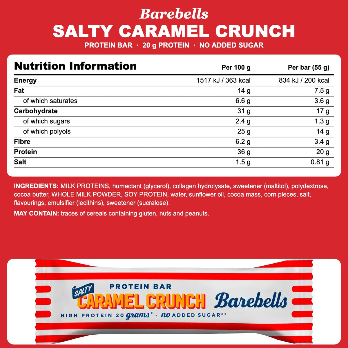 Barebells Salty Caramel Crunch Protein Bar nutrition information and ingredient panel with wrapper — 200 kcal, 20g protein, no added sugar