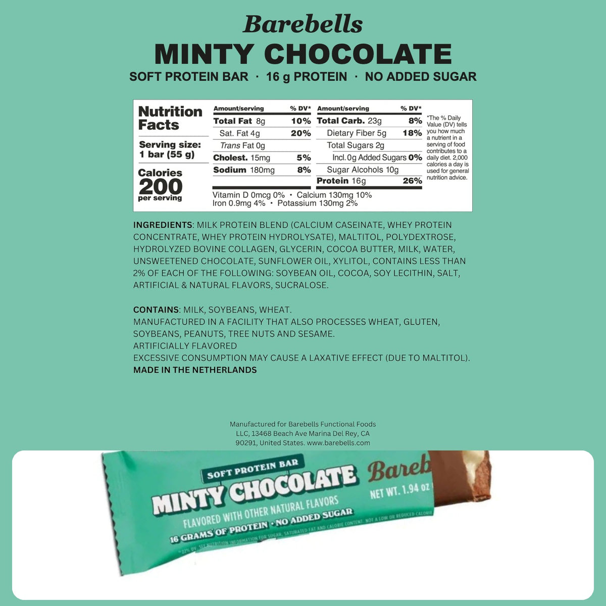 Barebells SOFT Minty Chocolate Protein Bar Nutrition Facts and ingredient panel with wrapper — 200 calories, 16g protein, no added sugar