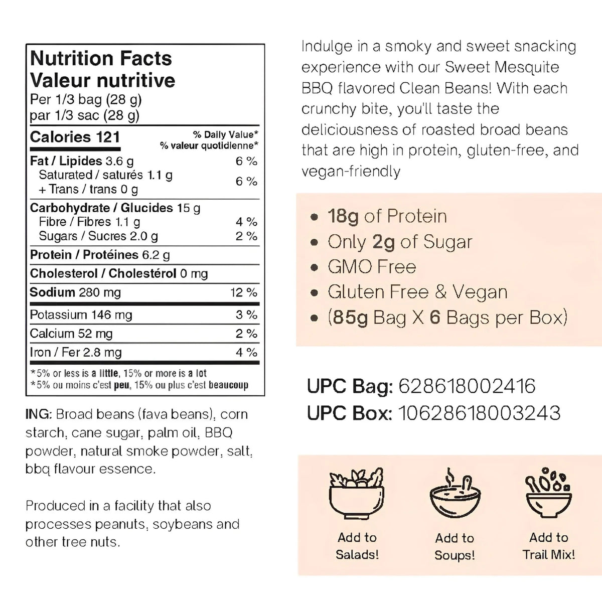 Nutraphase Clean Beans Sweet Mesquite BBQ Nutrition Facts panel, 121 calories and 18g protein