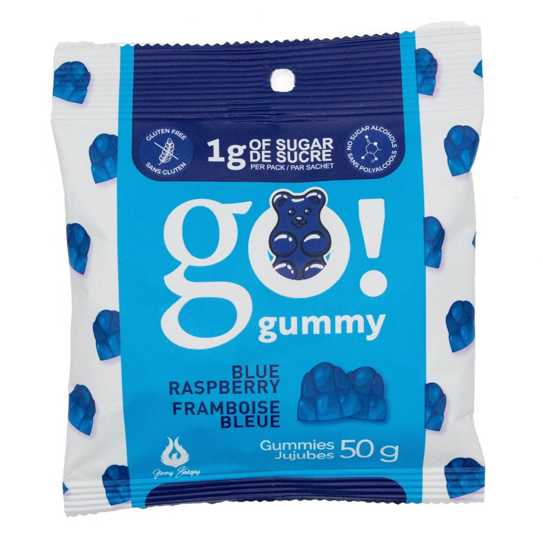 Go Gummies Blue Raspberry — front of bag, 50g, 1g sugar, gluten-free, no sugar alcohols