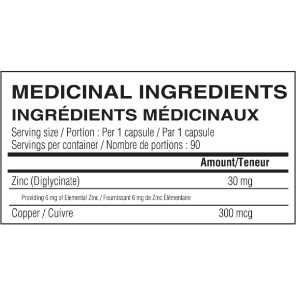Believe Copper + Zinc Nutrition Facts panel: 6 mg elemental zinc and 300 mcg copper per capsule, 90 servings per bottle